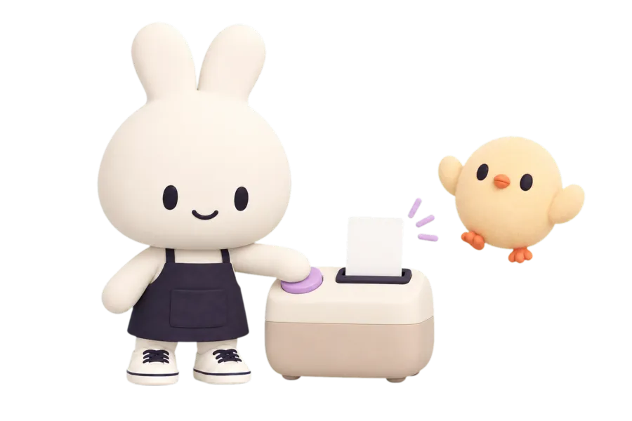 機械のボタンを押す aunny と、出てくる紙